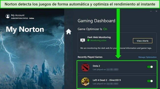 Captura de pantalla: Mejor antivirus para PC para juegos - Panel de control de juegos Norton que optimiza automáticamente los juegos